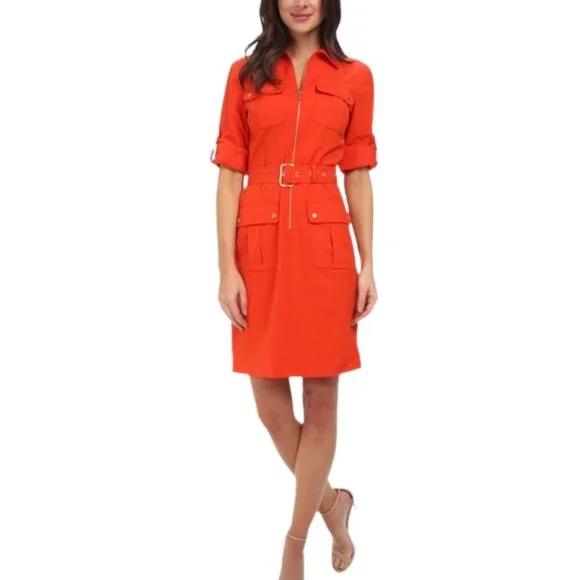 MICHAEL KORS || Mandarin Red Orange Shirt Dress with Belt - Picture 2 of 7